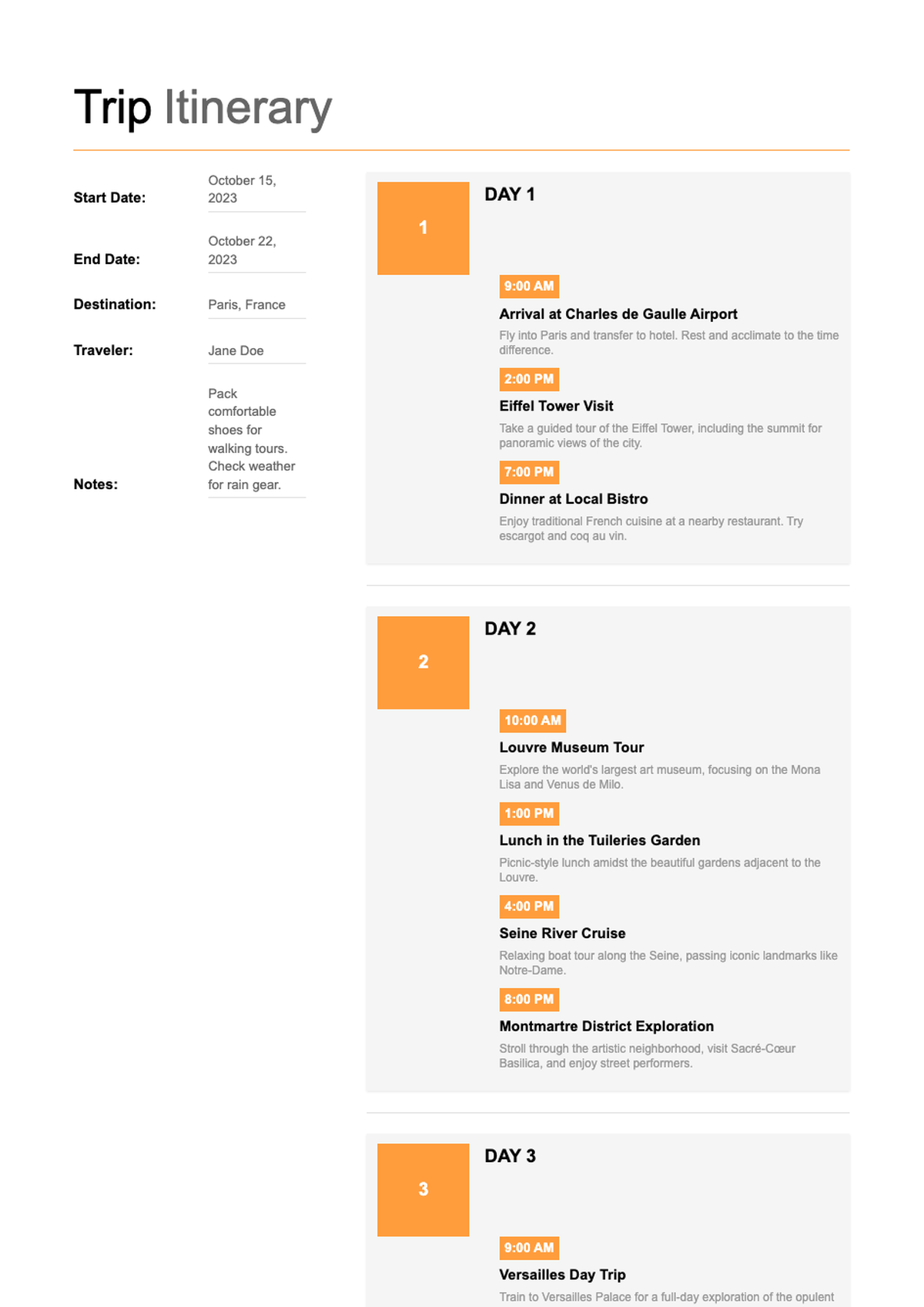Colorful trip itinerary template with daily schedule and activity breakdown_variant_2